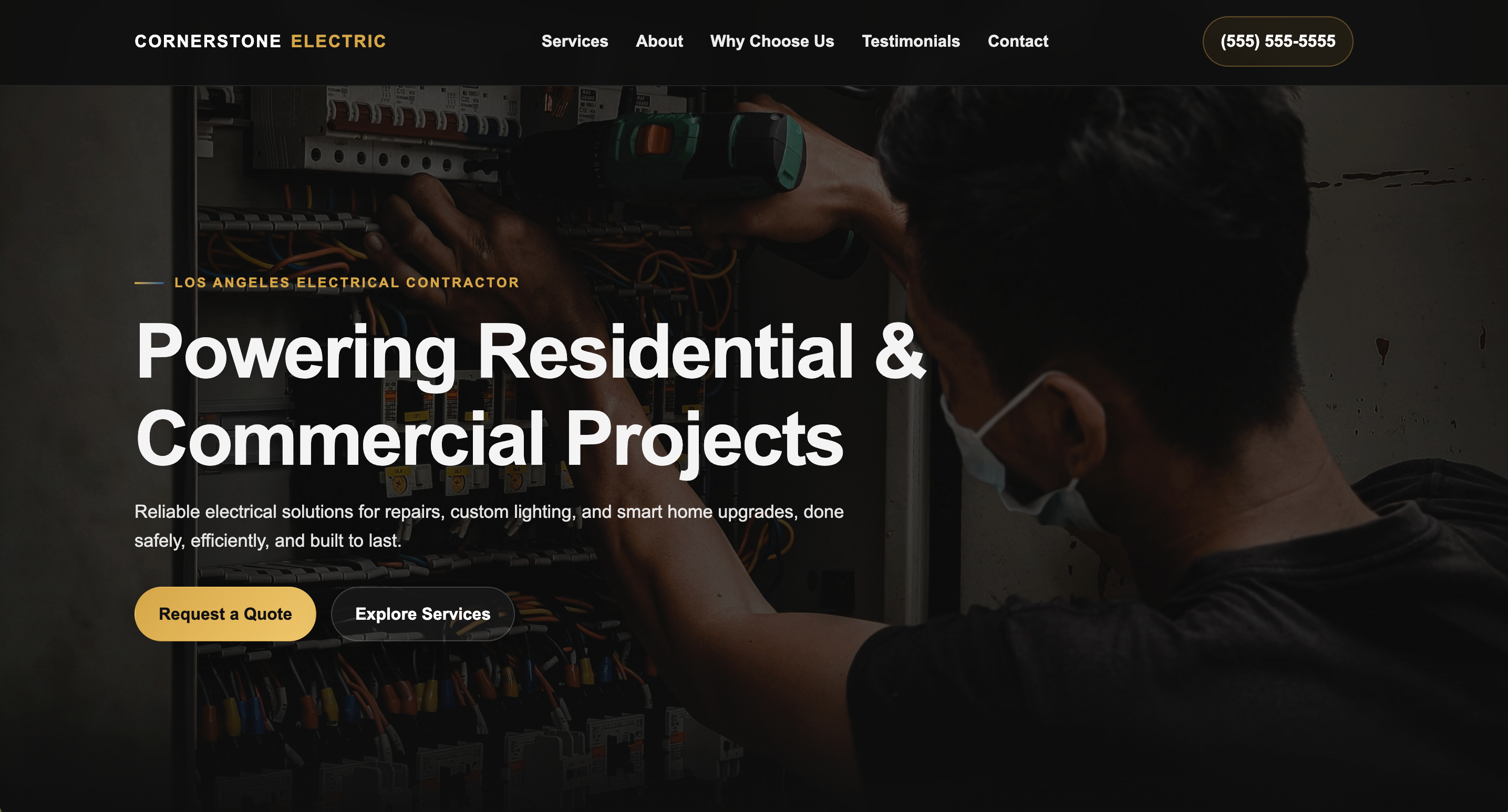 electrician website design example – Cornerstone Electric contractor website homepage